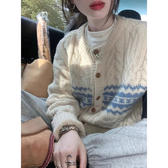 Contrast Jacquard Round Neck Twist Design Knitted Cardigan Autumn and Winter Lazy Style Niche Soft Waxy Sweater Three-piece Suit