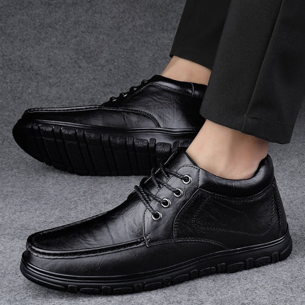 Autumn Front Lace-up Sleeve Casual Leather Shoes Men's Low-top Korean-style Black Round Toe Flat Heel Solid Color Top Layer Cowhide Tooling
