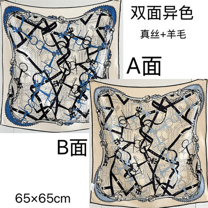 [Silk Wool 65 Square Scarf] Collection of Versatile Autumn and Winter Mulberry Silk Wool Scarves and Shawls, Double-Sided