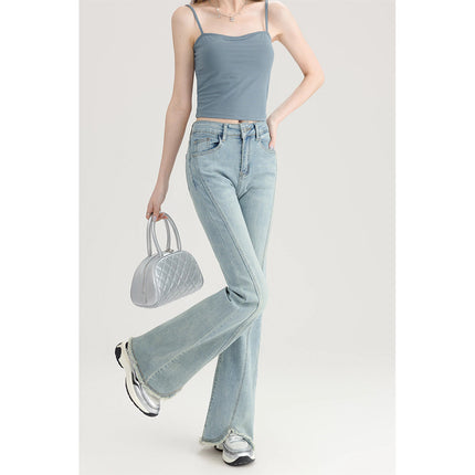 High Waist Micro-flared Jeans Women's 2025 Spring New Arrival Short-length Rag-edge Design Stretch Slim-fit Horseshoe Pants