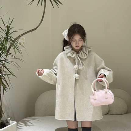 Autumn and Winter New Double-Sided Cashmere Outwear for Women, Small Hooded Drawstring Fur Ball Classy Double-Sided Wool Outwear for Women