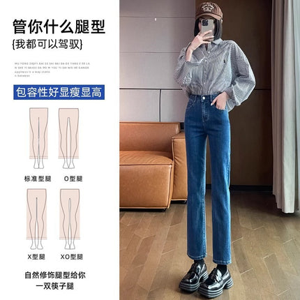 fleece-lined Thickened Narrow Cropped Straight Jeans Women's Trendy All-match High Waist Loose Slimming French Stick Pipe Pants