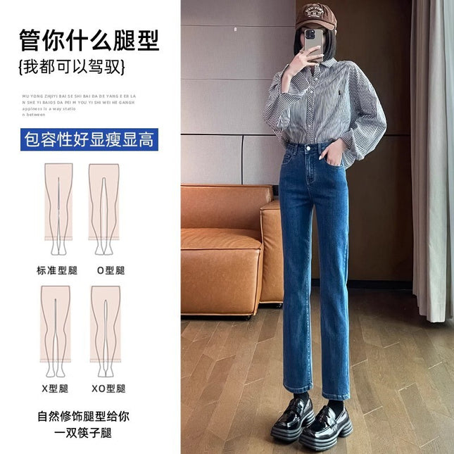 fleece-lined Thickened Narrow Cropped Straight Jeans Women's Trendy All-match High Waist Loose Slimming French Stick Pipe Pants