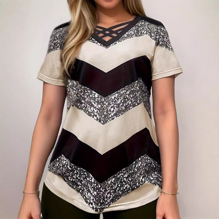 European and American 2025 Amazon TEMU Spring and Summer Explosions Color Crossover V-neck Striped Elegant Casual Short-sleeved T-shirt for Women