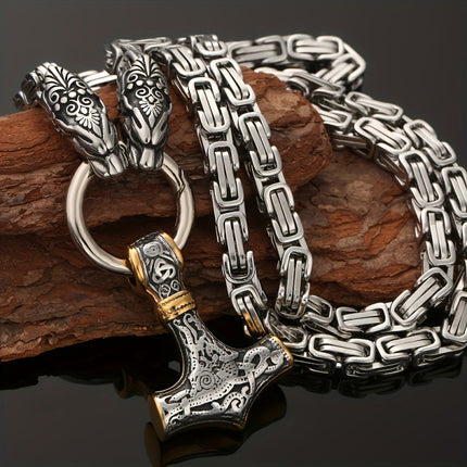 Cross-border Explosions Nordic Viking Hammer Pendant Wolf Head Necklace Men's Stainless Steel Chain Norway Retro Style Wholesale