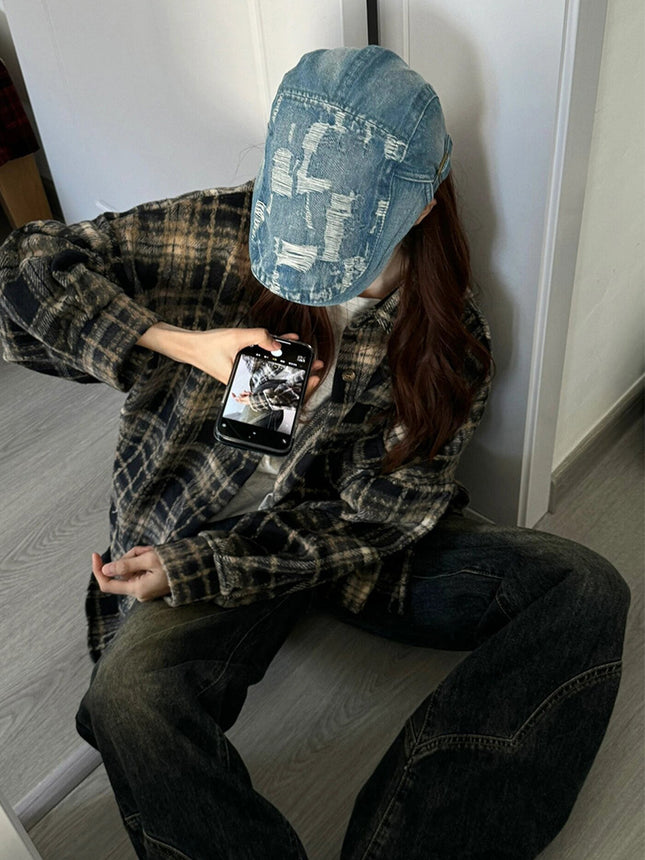 2025 Autumn and Winter Brushed Plaid Shirt Jacket Women's Loose Casual Flesh-Covering Lazy Style Mid-Length Shirt Cardigan