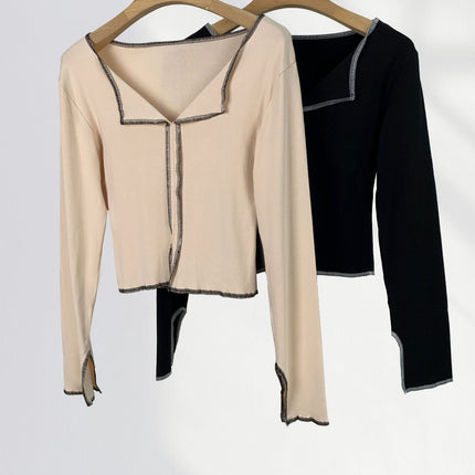 Autumn New Open Line Design Sense Half-open Collar Long-sleeved T-shirt Women's Chic Niche Split Lapel Spice Girls Short Top
