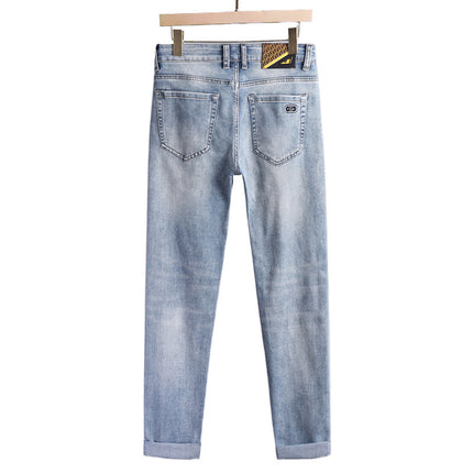 European style light luxury fashion brand men's slim fit skinny Denim trousers Foreign single European casual micro elastic slimming light blue pants