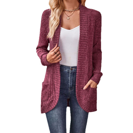 Long-Sleeve Cardigan Jacket Amazon 2026 Spring and Autumn New Solid Color Ribbed Brushed Fabric Patchwork Long-Sleeve Jacket Wholesale