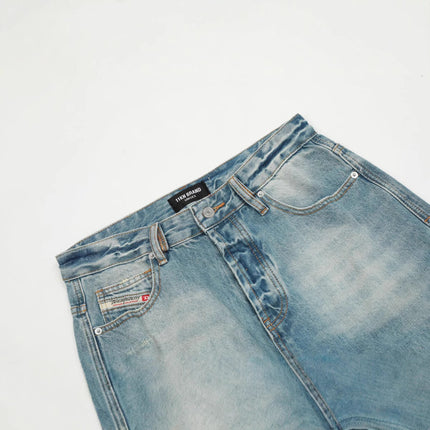 11Kn American Blue Straight-Leg Jeans for Men and Women with Knife Cut and Damaged Retro Slimming Look Trendy Wide-Leg Casual Pants Version