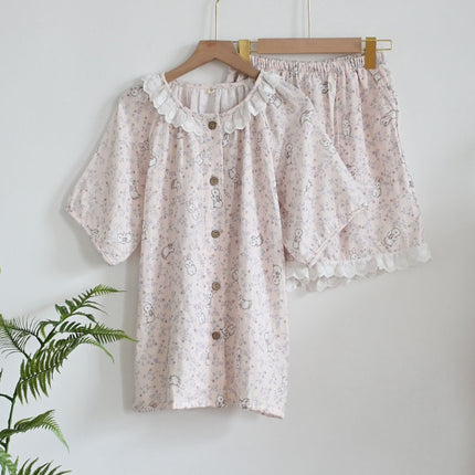 Summer Cotton Short-sleeved Shorts Double-layer Yarn Crewneck Lic Collar Women's Pajamas Home Wear Soft and Sweet Outer Wear
