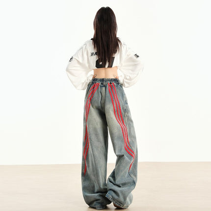 New American Style Retro Red Stitching Striped Jeans Women's Early Autumn New Loose Straight Wide Leg Pants