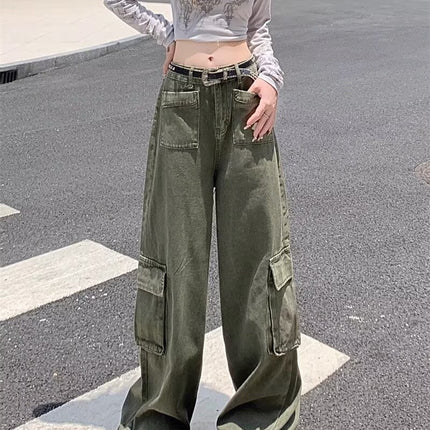 Extra Large Size Army Green 2026 New High-Waisted Slimming Casual Cargo Pants Loose Hip-Covering Straight-Leg Jeans