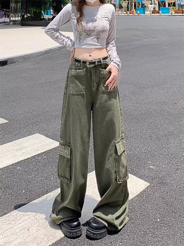 Extra Large Size Army Green 2026 New High-Waisted Slimming Casual Cargo Pants Loose Hip-Covering Straight-Leg Jeans