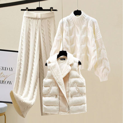 Winter suit Women's 2024 New Wearing Cotton Vest Thickened Sweater All-match Slimming Wide Leg Pants Three-piece Set