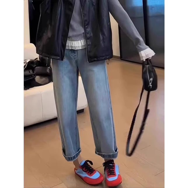 2025 Summer New American Style Blue Straight-Leg Jeans Plus-Size Women's Clothing for Curvy Petite Slimming Cigarette Pants