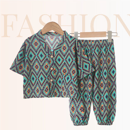 Children's Home Clothes Cotton Silk Suit Summer Boys and Girls Pajamas Artificial Cotton Two-Piece Set Cotton Silk Air-Conditioned Clothes Kidsren's Clothing