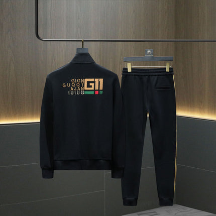 Men's Brand New Autumn and Winter Men's Fashion Brand Stand Collar Striped Cotton Slim Sweatshirt Two-Piece Set