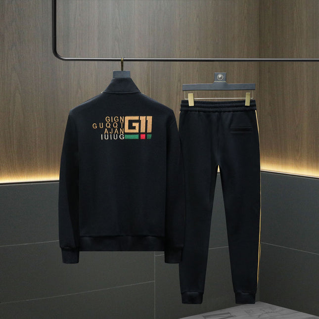 Men's Brand New Autumn and Winter Men's Fashion Brand Stand Collar Striped Cotton Slim Sweatshirt Two-Piece Set
