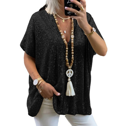 2025 New European and American Amazon Short-Sleeved Urban Casual Color Loose Pullover Sequined V Neck T-Shirt Tops for Women