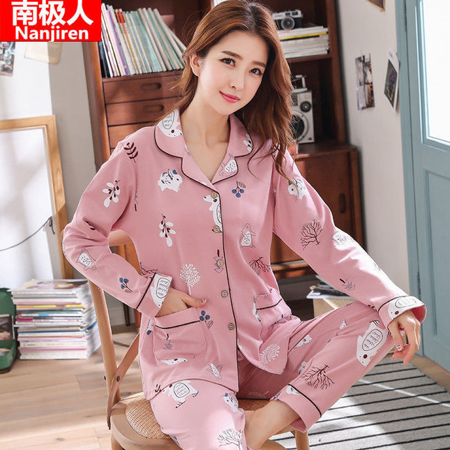 100% cotton pajamas Women's Spring and Autumn long-sleeved cotton outerwear suit Korean casual home wear