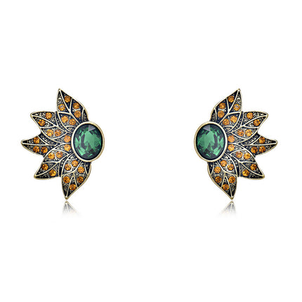 Cross-Border European and American Full Diamond Leaf Earrings Retro Crystal Hd Marking Sea Silver Needle Diamond Leaf Petal Earrings