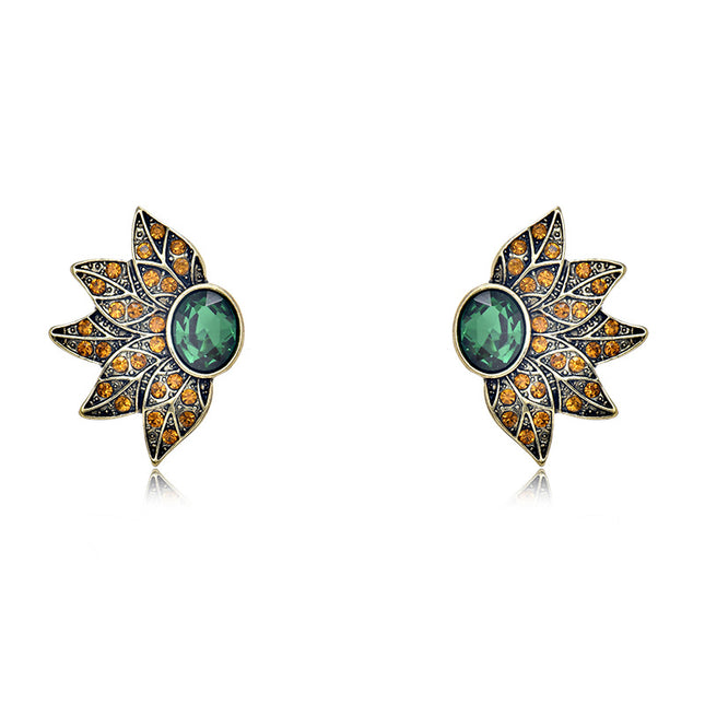 Cross-Border European and American Full Diamond Leaf Earrings Retro Crystal Hd Marking Sea Silver Needle Diamond Leaf Petal Earrings
