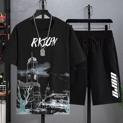 New Quick-drying Ice Silk Gradient suit Men's Short-sleeved T-shirt Summer Casual Shorts Sports Two-piece Handsome Men's Wear