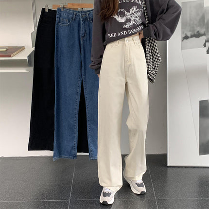 White wide-leg jeans for women 2024 Autumn New Korean style high waist loose pear-shaped straight mop pants
