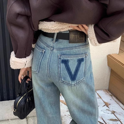 Stretch Straight Jeans Women's 2025 Spring New V Pattern High Waist Loose Slimming Wide Leg Floor Pants