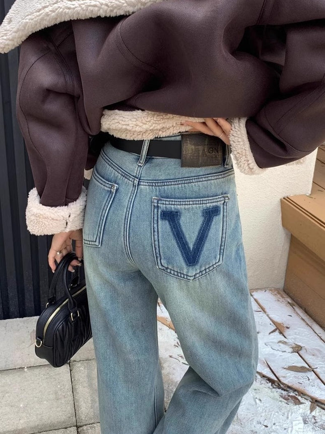 Stretch Straight Jeans Women's 2025 Spring New V Pattern High Waist Loose Slimming Wide Leg Floor Pants