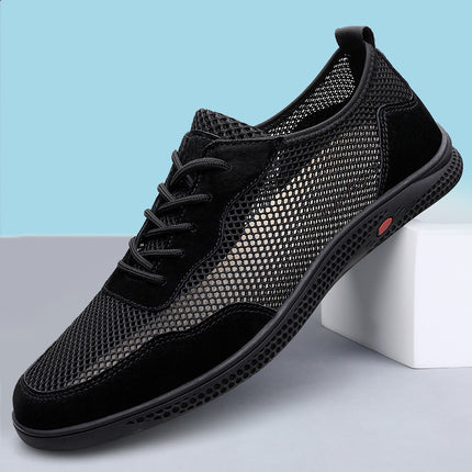 Men's Shoes 2025 Summer New Men's Fly-Woven Mesh Breathable Hollow Leather Shoes Deodorant Feet Flats Wear-Resistant Casual Shoes