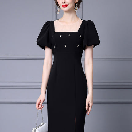 Zhili French-Style Feminine Dress 2026 Summer Handmade Rhinestone Puff Sleeves Side Slit Bodycon Dress That Enhances the Figure