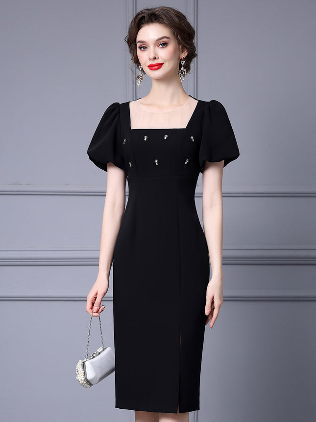 Zhili French-Style Feminine Dress 2026 Summer Handmade Rhinestone Puff Sleeves Side Slit Bodycon Dress That Enhances the Figure