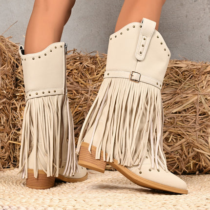 Cross-Border Tassel Thick Heel Western Cowboy Boots for Women 2025 New Autumn and Winter Retro Solid Color Mid-Calf Boots Knight Boots