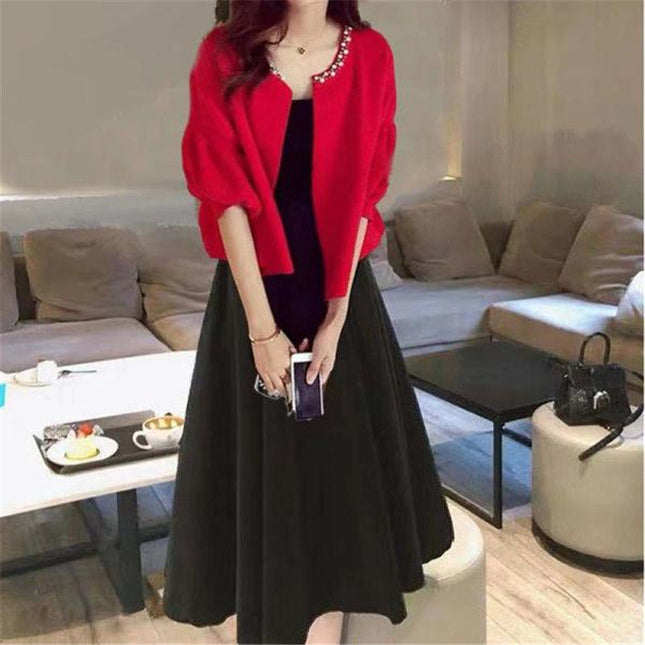 plus size women's clothing 2023 spring and summer new two-piece women's beaded coat long slim dress suit tide