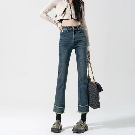 Vintage High Waist Jeans Women's 2024 Summer New Design Sense Rough Edge Slimming Loose Cropped Straight Pipe Pants