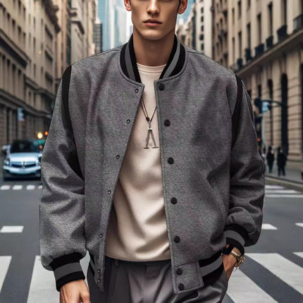 2025 Cross-Border Temu Popular European and American Men's Jacket Fashion Solid Color Brushed Fabric Cardigan Patchwork Button Baseball Jacket