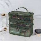 Three-layer mesh cosmetic bag-dark green