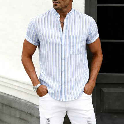 Cross-border foreign trade wish Amazon eBay summer explosions men's shirt men's short sleeve striped color matching slim fit shirt