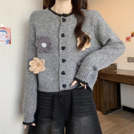 French-Style Floral Round-Neck Sweater Cardigan for Women, Autumn and Winter New Lazy Style Petite Short Knitted Cardigan Trendy