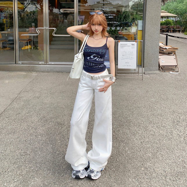 Raccoon House # American Retro Low-Waist Hot Girl White Jeans for Women 2025 Early Autumn New Loose Slimming Straight Pants