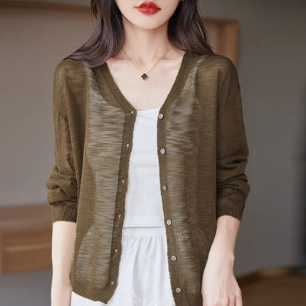 Slub Knitted Cardigan Women's Thin Ice Silk Linen Jacket Summer New Loose Outer Shawl Air-conditioning Shirt for Women