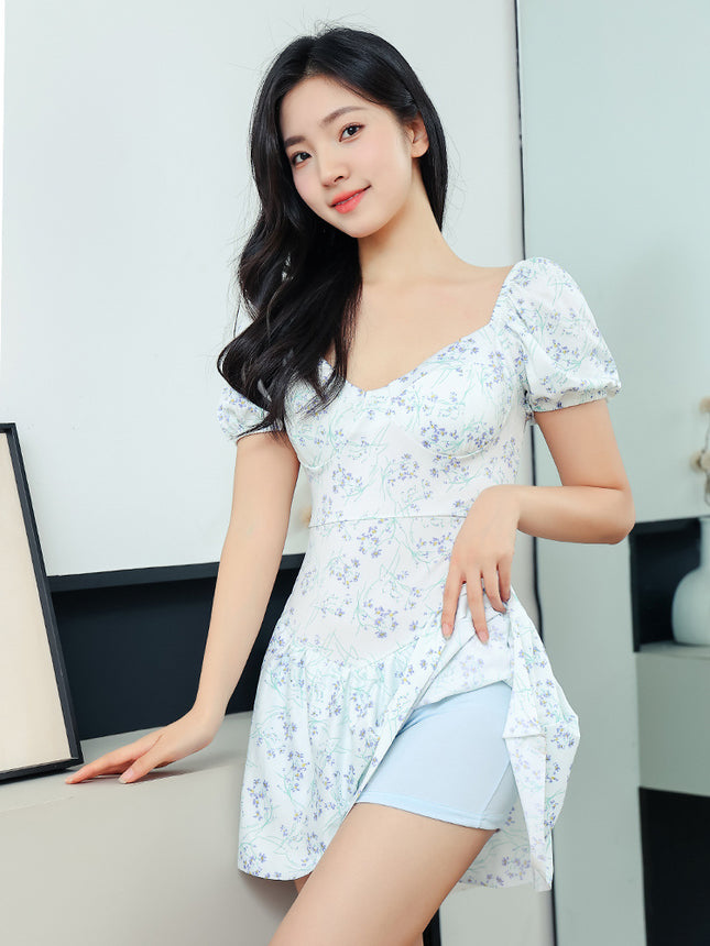 Swimsuit Women's 2024 New Style Belly-Covering Slimming Skirt-Style Short-Sleeved Conservative Student Floral Hot Spring Swimsuit