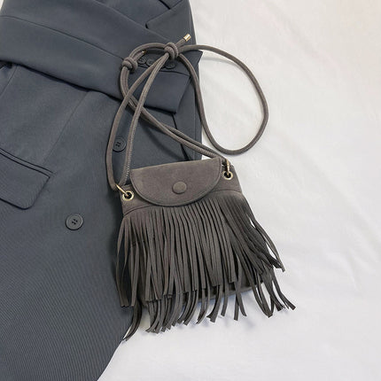 2025 New Trendy Niche Design Tassel Phone Bag for Women, Single Shoulder Crossbody Small Square Bag, Retro Hong Kong Style Suede Bag