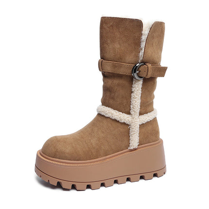 Fur Integrated Snow Boots for Women 2025 New Belt Buckle Thick Heel Thick Sole Fashion Mid-Calf Boots Foldable Two-Wear Women's Boots