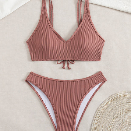 2024 New Cross-Border Amazon Bikini Swimsuit Women's European and American Sexy Pure Color Split High Waist Bikini Swimsuit
