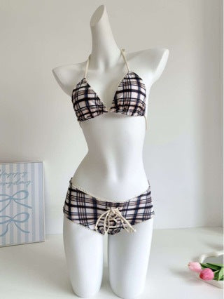 2024 Jenny Star Lace Retro Plaid Bikini Neck Tie-up Low Waist Drawstring Hot Spring Swimsuit for Women