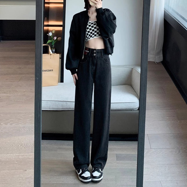 fleece-lined Thickened Wide-leg Jeans Women's Autumn and Winter Fashionable All-match New High Waist Slimming Loose Pendant Casual Pants
