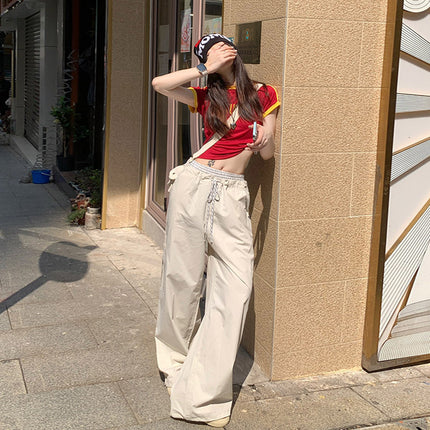Korean Style Casual Style 2025 Spring and Summer New Plaid Stitching Double Waist Drawstring Pocket Loose Wide Leg Casual Pants for Women